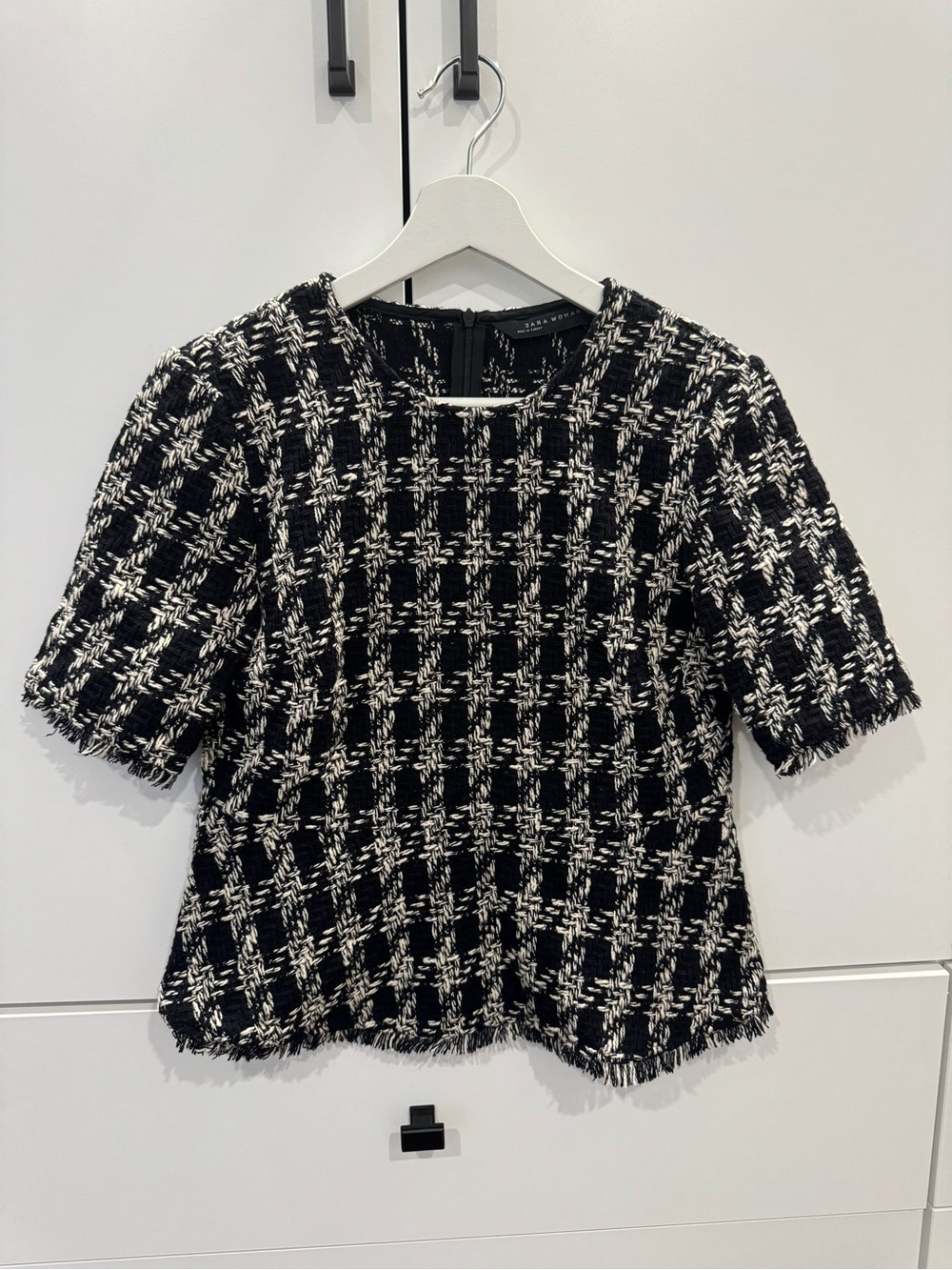 Houndstooth Tweed Short Sleeve Peplum Top- XS
